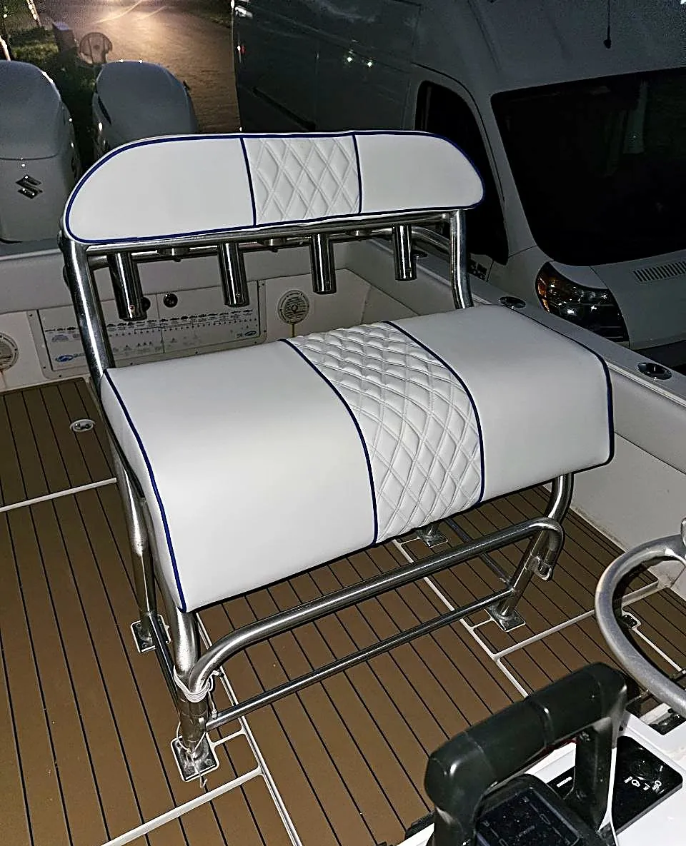 Boat leaning post seat and backrest after reupholstery